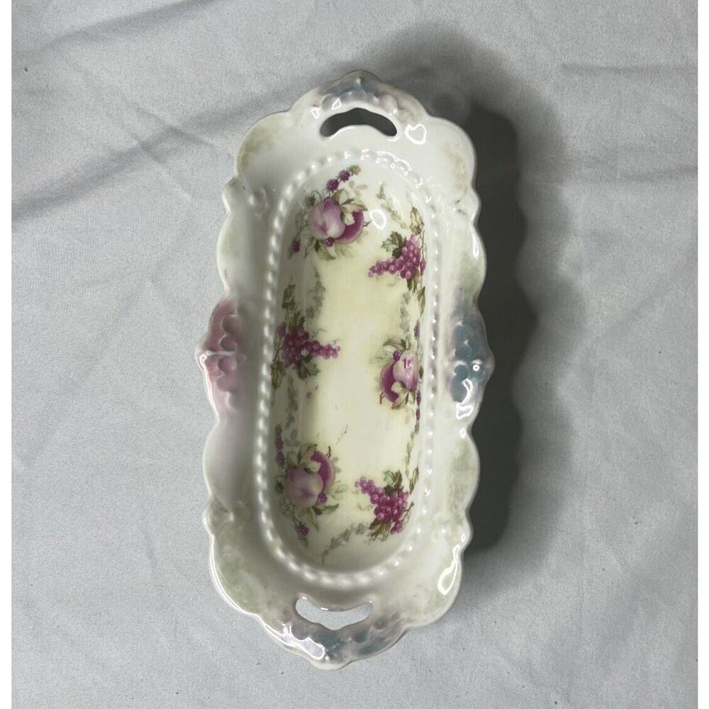Antique MZ Habsburg China Oval Porcelain Austria Floral Butter Relish Dish Bowl